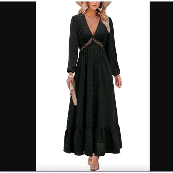 NWT NEW Black Maxi Dress Swiss Dot V Neck Dress‎ Flowy Boho Long Sleeve - Picture 1 of 12